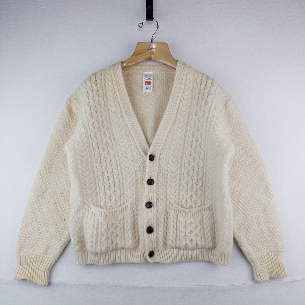 70's Vtg St Michael Aran Chunky Knit Cardigan Fisherman Wool Cream L *Distressed